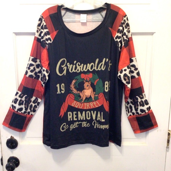 Womens Christmas Plaid & Leopard Print Squirrel Removal Long Sleeve T-Shirt - Picture 8 of 11